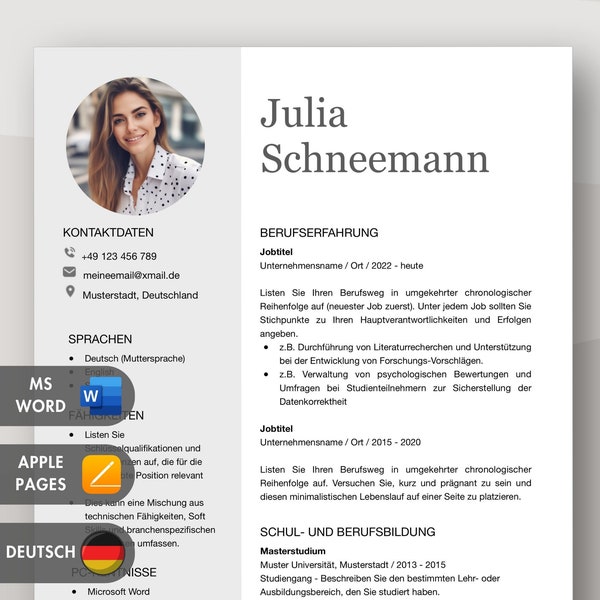 BEWERBUNGSVORLAGEN Deutsch >>> Lebenslauf mit Anschreiben für MS Word und Mac Pages. Moderner Bewerbungsvorlage mit Foto auf Deutsch.