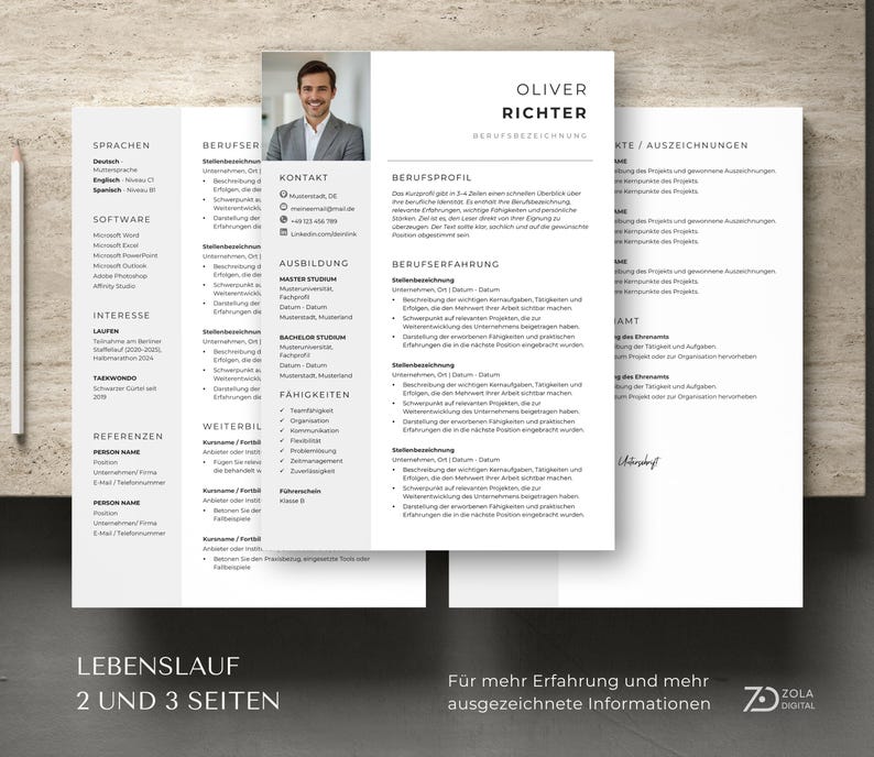 Die zweiseitige oder dreiseitige Version des Lebenslaufs bietet viel Platz für detaillierte Berufserfahrung, Softwarekenntnisse und ehrenamtliches Engagement. Perfekt für Projektleiter oder Senior-Positionen. lebenslauf 2 oder 3 Seiten vorlage professionell, ausführlicher lebenslauf muster word. Design by ZolaDigital