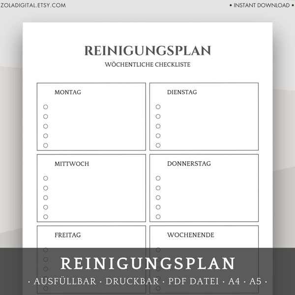 Reinigungsplan / Wochenplaner Haushalt / Ausfüllbares PDF. Wöchentliche Haushaltsplan für Familie, Kinder, WG auf Deutsch.