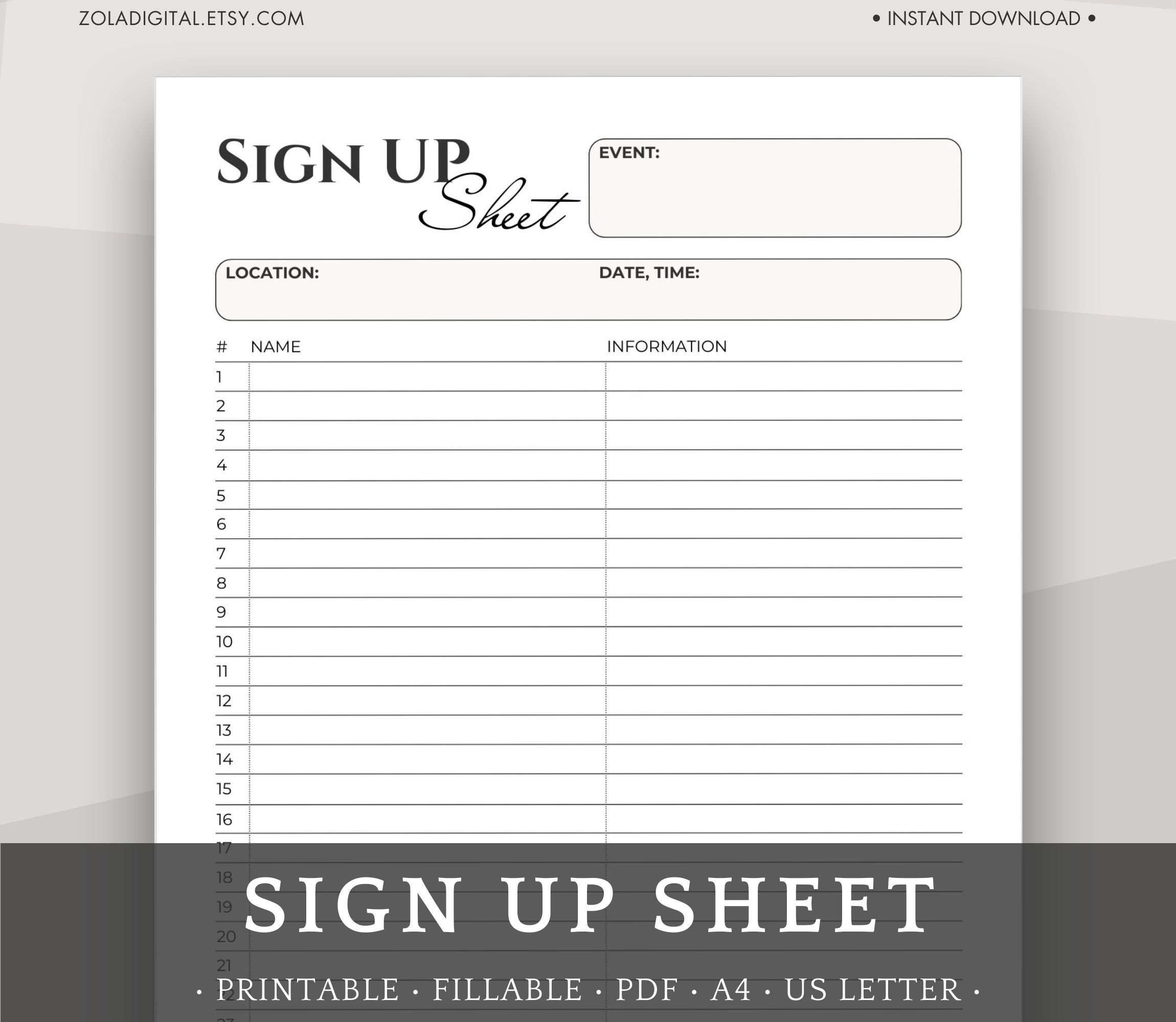 Sign up Sheet - Printable and Fillable Sign up Sheet in PDF Template ...