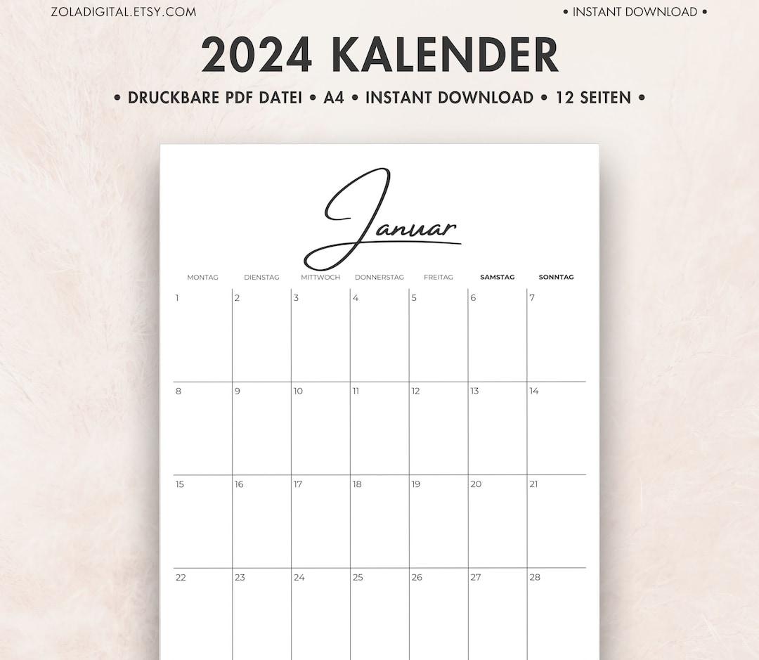 2024 Kalender Zum Ausdrucken. Druckbarer Wandkalender Monatsplaner 