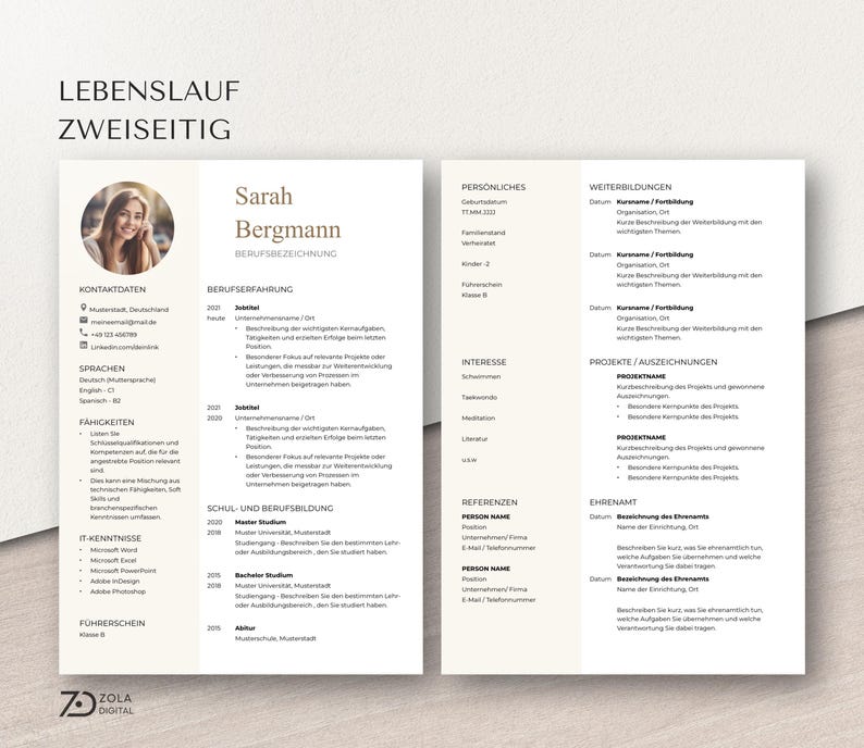 Lebenslauf Vorlage Bestseller, Lebenslauf deutsch einseitig zweiseitig, Bewerbungsvorlagen, Bewerbungsunterlagen, Bewerbungsmappe, anschreiben, deckblatt- Design by ZolaDigital