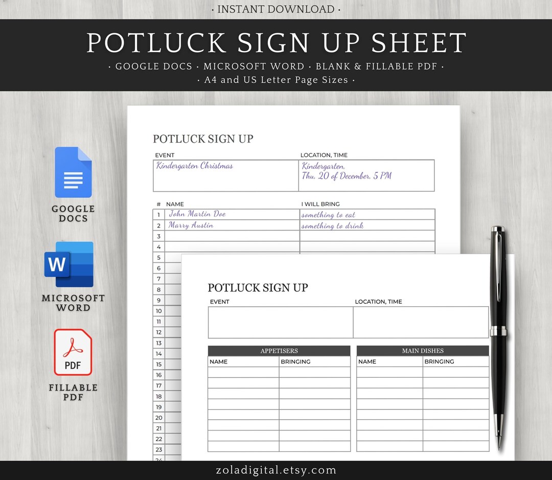 Potluck Sign up Template. Editable, Printable, Fillable and Blank Sign ...