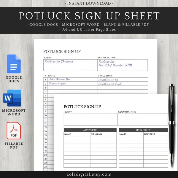 Potluck Sign Up Template. Editable, Printable, Fillable and Blank Sign Up Potluck List. PDF, Google Docs and Microsoft Word formats.