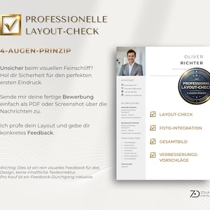 Puede incluir: Un anuncio de servicio digital para una revisi&oacute;n de dise&ntilde;o de curr&iacute;culum profesional. El gr&aacute;fico presenta el texto Professionelle Layout-Check, 4-Augen-Prinzip y un documento de curr&iacute;culum de muestra con foto, datos de contacto y un sello dorado.