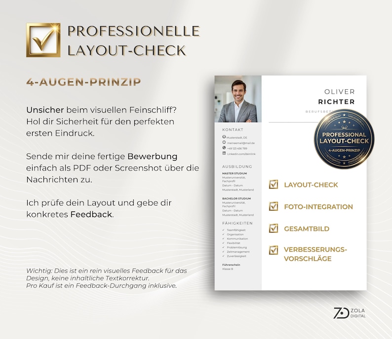 Puede incluir: Un anuncio de servicio digital para una revisi&oacute;n de dise&ntilde;o de curr&iacute;culum profesional. El gr&aacute;fico presenta el texto Professionelle Layout-Check, 4-Augen-Prinzip y un documento de curr&iacute;culum de muestra con foto, datos de contacto y un sello dorado.