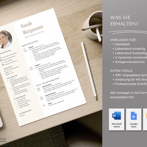 Auf dem Bild sind die Inhalte der Bewerbungsvorlage zu sehen: ein einseitiger Lebenslauf, Anschreiben, Deckblatt und Anlagenblatt. Die Vorlagen sind kompatibel mit Word, Google Docs und Mac Pages. Klassisch. - Design by ZolaDigital