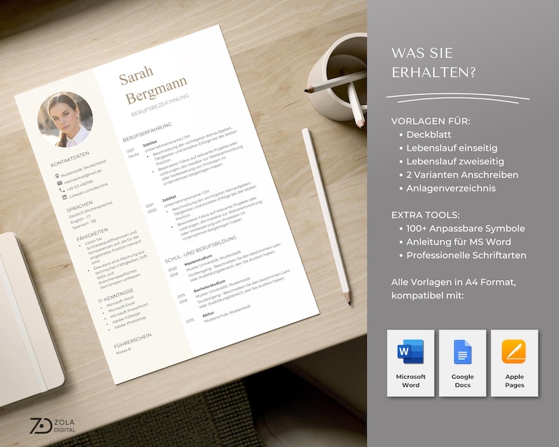 Auf dem Bild sind die Inhalte der Bewerbungsvorlage zu sehen: ein einseitiger Lebenslauf, Anschreiben, Deckblatt und Anlagenblatt. Die Vorlagen sind kompatibel mit Word, Google Docs und Mac Pages. Klassisch. - Design by ZolaDigital