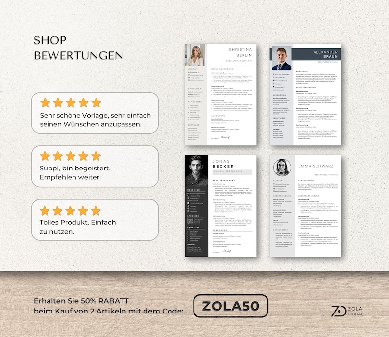 Ein Werbebild mit vier Lebenslaufvorlagen mit Kopfbildern in Grau- und Schwarztönen. Das Bild enthält Kundenbewertungen mit Fünf-Sterne-Bewertungen und Text auf Deutsch. Der untere Teil des Bildes zeigt den Text "ZOLA50".