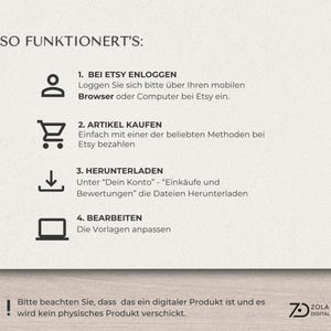Schritt-für-Schritt erklärt: 1. Einlogen in Ihre Etsy Konto 2. Digitale Vorlage kaufen, 3. Dateien direkt herunterladen, 4. Inhalte einfach anpassen und verwenden. Die Bewerbungsvorlage eignet sich für Bewerbungen in allen Branchen – von Lehrkräften über kaufmännische Berufe bis zu kreativen und leitenden Positionen.