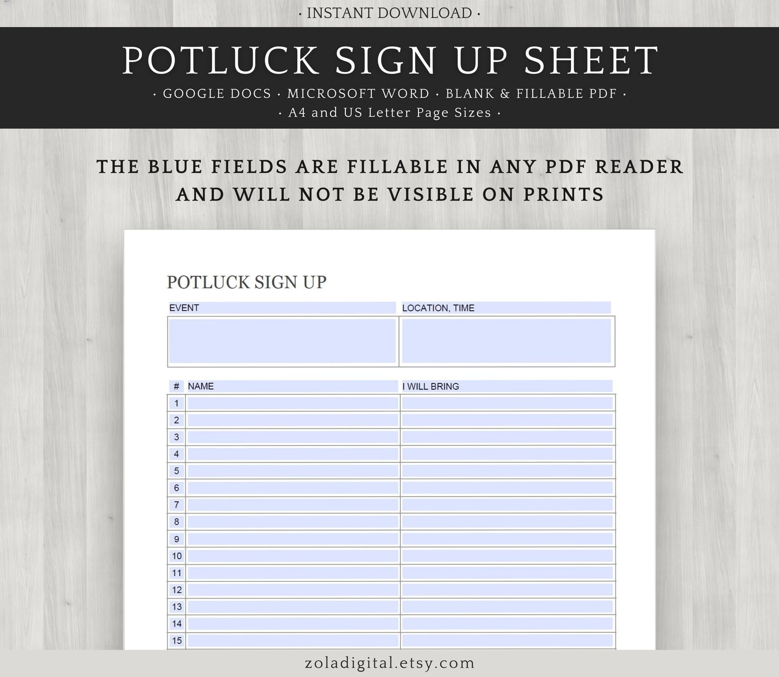 Potluck Sign up Template. Editable, Printable and Fillable Sign up ...
