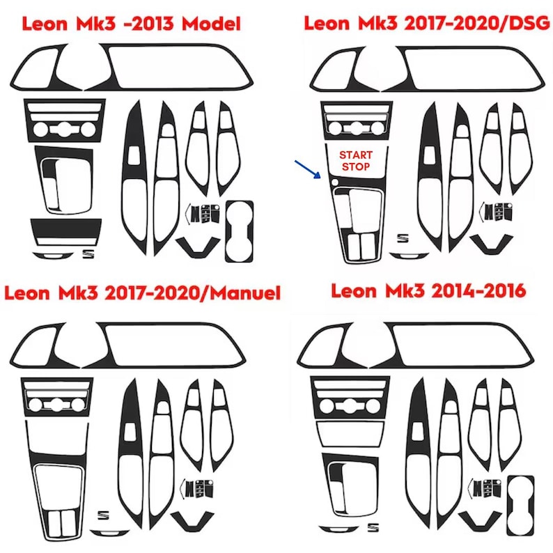 Puede incluir: Un conjunto de piezas de moldura interior de coche de vinilo negro para un Seat Leon Mk3. Las piezas de moldura son para el salpicadero, los paneles de las puertas y la consola central. Las piezas de moldura est&aacute;n etiquetadas con los a&ntilde;os con los que son compatibles, incluyendo 2013, 2014-2016, 2017-2020/Manuel y 2017-2020/DSG.