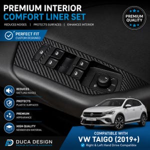 May include: A black carbon fiber textured interior comfort liner set for a car door panel, featuring window control buttons and a side mirror adjustment knob. The text reads Premium Interior Comfort Liner Set, Premium Quality, and VW Taigo (2019+).