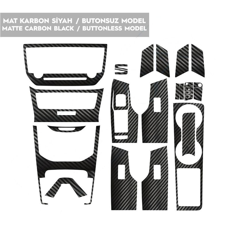 May include: A set of 10 matte carbon black car interior trim pieces. The pieces are designed to cover the dashboard, center console, and door panels. The trim pieces are made of a durable, high-quality material that is resistant to scratches and fading. MAT KARBON SİYAH / BUTONSUZ MODEL MATTE CARBON BLACK / BUTTONLESS MODEL