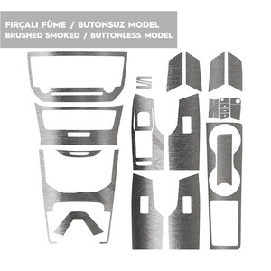 May include: A set of brushed smoked car interior trim pieces. The pieces are designed to cover the dashboard, door panels, and center console. The trim pieces are made of a durable, high-quality material that is resistant to scratches and fading. The brushed smoked finish gives the interior a modern and stylish look.