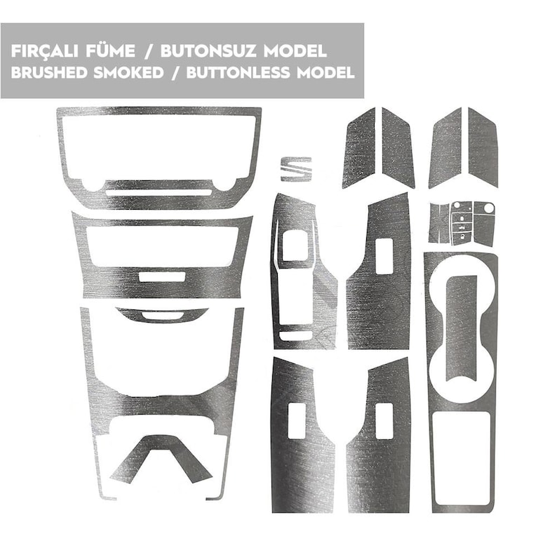 May include: A set of brushed smoked car interior trim pieces. The pieces are designed to cover the dashboard, door panels, and center console. The trim pieces are made of a durable, high-quality material that is resistant to scratches and fading. The brushed smoked finish gives the interior a modern and stylish look.