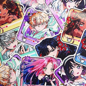 May include: A collection of colorful anime-style stickers featuring various characters with detailed facial expressions and vibrant hair colors. Each sticker has a unique design, with some including floral accents and cursor icons, creating a visually appealing assortment.