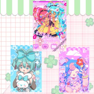 May include: A collage of three colorful illustrations featuring anime-style characters. The top image shows two girls with pink and blue hair. The bottom left image features a blue-haired character, and the bottom right image shows a character with blue and pink hair.