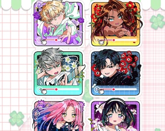 May include: Set of six anime-style stickers featuring colorful illustrations of characters in various poses. Each sticker has a unique design, including characters with flowers, musical instruments, and microphones. The stickers are framed with a play button design.