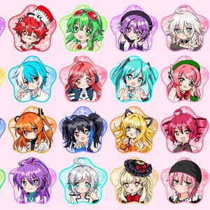 May include: A collection of 24 anime-style character stickers, each with a unique design and color scheme. The stickers are in a star shape with a pink background. The characters have various hair colors and accessories.