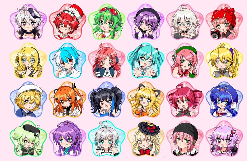 May include: A collection of 24 anime-style character stickers, each with a unique design and color scheme. The stickers are in a star shape with a pink background. The characters have various hair colors and accessories.