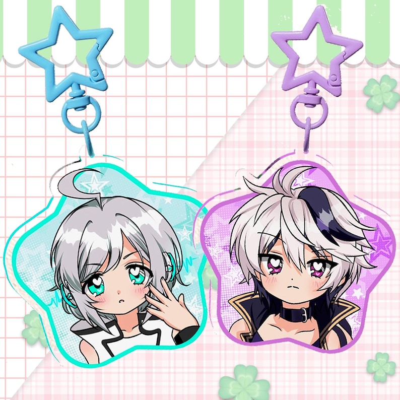 May include: Two anime-style keychains. One features a light blue star-shaped charm and a character with white hair and teal eyes. The other has a purple star charm and a character with white and black hair and purple eyes.