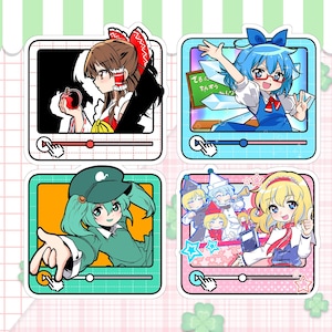May include: Four square stickers with anime-style character illustrations. Each sticker shows a different character within a square frame, complete with a play button and progress bar. The characters are depicted in various colours and outfits.