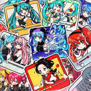 May include: A selection of colourful anime-style stickers showcasing diverse characters with bright hair and clothing. Each sticker has a unique design, some with streaming interface elements, and a variety of poses and expressions.