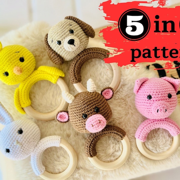 5 IN 1 PDF crochet pattern of animals rattles - dog, chicken, bunny, pig, cow, pdf download
