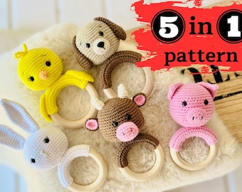 5 IN 1 PDF crochet pattern of animals rattles - dog, chicken, bunny, pig, cow, pdf download