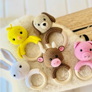 5 IN 1 PDF crochet pattern of animals rattles - dog, chicken, bunny, pig, cow, pdf download