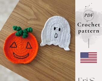 Schema per sottobicchiere all'uncinetto a forma di fantasma e zucca – Lavoretti di Halloween amigurumi, ricordo spettrale fai da te (PDF)