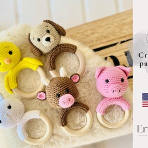 Patroon gehaakte babyrammelaars – amigurumi hond, kip, konijn, varken, koe (pdf-tutorial)