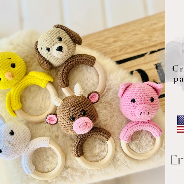 Crochet Baby Rattles Pattern – Amigurumi Dog, Chicken, Bunny, Pig, Cow (PDF Tutorial)
