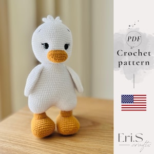 Padrão de crochê de ganso, pato de pelúcia amigurumi, chocalho de bebê feito à mão, brinquedo de animal de fazenda faça você mesmo (PDF)