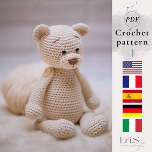 Teddy bear crochet pattern, quick and easy multilanguage amigurumi pattern, download pattern pdf in english, french, german, spanish,italian