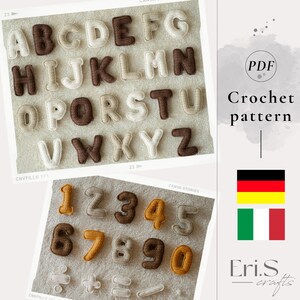 Könnte beinhalten: Eine Sammlung gehäkelter Buchstaben und Zahlen in verschiedenen Braun- und Cremetönen. Die Buchstaben A-Z und die Zahlen 0-9 werden zusammen mit grundlegenden mathematischen Symbolen angezeigt. Das Bild enthält auch den Text "PDF Crochet pattern" und die Marke "Eri.S crafts".