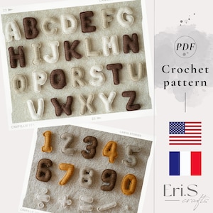 Patrón de alfabeto y números a crochet, letras mayúsculas suaves para tejer tú mismo, instrucciones en PDF en inglés y francés.
