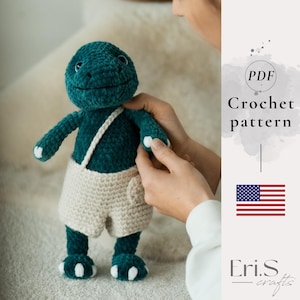 Crochet Dinosaur Pattern, Amigurumi T-Rex Reptile, DIY Stuffed Prehistoric Toy, PDF Tutorial