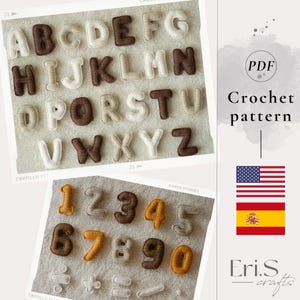 Padrão de alfabeto e números para pacote de crochê, conjunto de letras e números para padrão, instruções para pacote de alfabeto e números, inglês e espanhol