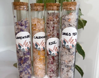 Organic Himalayan Crystal Bath Salt in a Glass Test tube | Rose, Lavender, Dried Tea, Calendula |