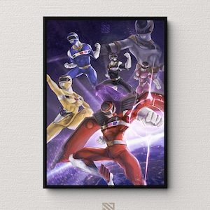May include: A framed print featuring a group of Power Rangers in action poses. The rangers are clad in colorful suits: red, blue, yellow, black, pink, and gray. The background is a dynamic, purple-toned space scene with energy effects.