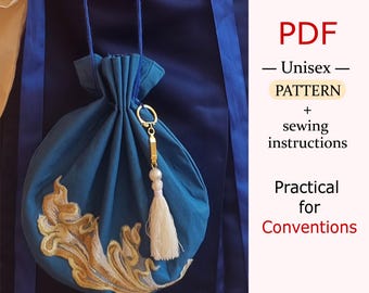 May include: A PDF pattern for a unisex drawstring bag with a tassel and embroidery. The bag is blue with gold embroidery and a white tassel. The text "PDF - Unisex - PATTERN + sewing instructions Practical for Conventions" is on the right side of the image.