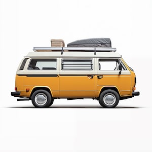 Furgoneta Volkswagen T3 amarilla, Road Tripping, Van Nomad Life, Volkswagen Van Print, California T3 Print, Vintage Custom Van, Surf Life print.