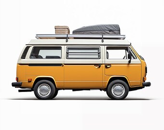 Puede incluir: Una furgoneta VW T3 amarilla y blanca de 1979 con un portaequipajes en el techo y un portaequipajes negro en la parte superior. La furgoneta está aparcada sobre un fondo blanco. El texto "1979 VW T3 Classic van series" está debajo de la furgoneta.