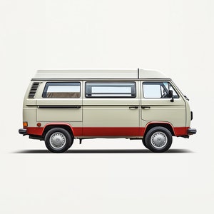 Furgoneta Volkswagen T3 roja y blanca, 1979, Road Tripping,Van Nomad Life,Volkswagen Van Print,California T3 Print,Vintage Custom Van.