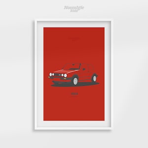 May include: A red 1984 Volkswagen Golf GTI with black trim and black wheels. The car is on a red background with the text "Nostalgic Ride" and "1984" printed below the car.