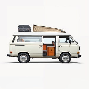 Digital white Volkswagen T3 van, Road Tripping, Van Nomad Life, Volkswagen Van Print, California T3 Print.