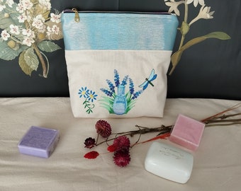 toiletry or makeup bag, bi-material, blue embroidered