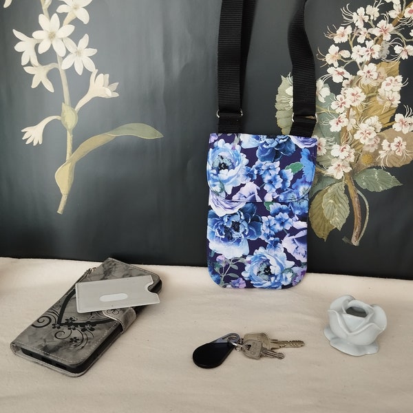 pochette pour téléphone portable, tissu "fleurs, Pivoines", à bandoulière réglable et amovible